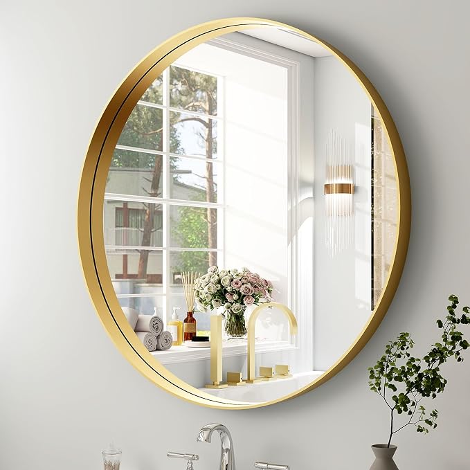 24 Inch Round Bathroom Mirror - Wall Mounted Circle Mirror with Metal Frame, Modern Mirror Suitable for Bathroom, Vanity, Entryway, Living Room, Wall Decor,Gold