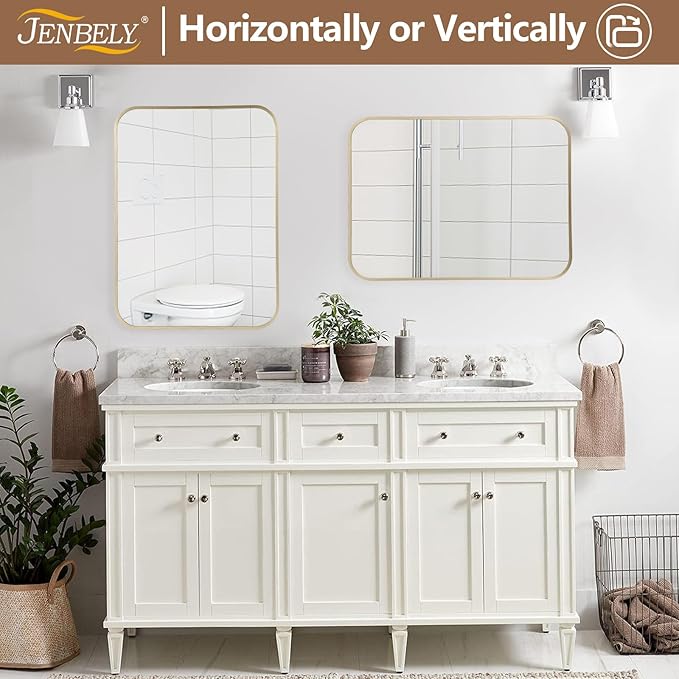 Gold Mirror, 26x38 Inch Framed Rectangle Mirror with Rounded Corner, Brushed Brass Mirror, Gold Bathroom Mirror for Over Sink, Vanity, Living Room, Bedroom, Horizontal/Vertical