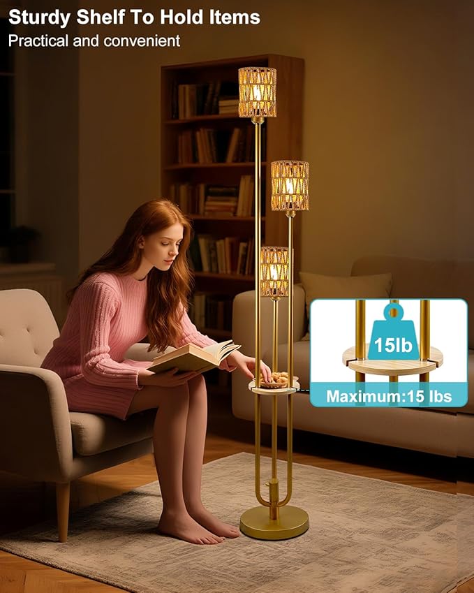 Lightdot Dimmable Boho Floor Lamps with 5Lbs Heavy Base for Living Room, 3-Lights Rattan Floor Lamp with Shelves Rustic Gold Standing Lamp with Warmwhite Bulbs Included for Sofa Beside/Corner Decor
