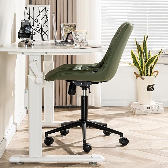 Kidol & Shellder Faux Leather Office Chair, Adjustable Swivel Height Task Chair, Rolling Wheels & Soft Backrest - Armless Ergonomic Desk Chair for Home, Office,Vanity,Gaming（Bean-Green）