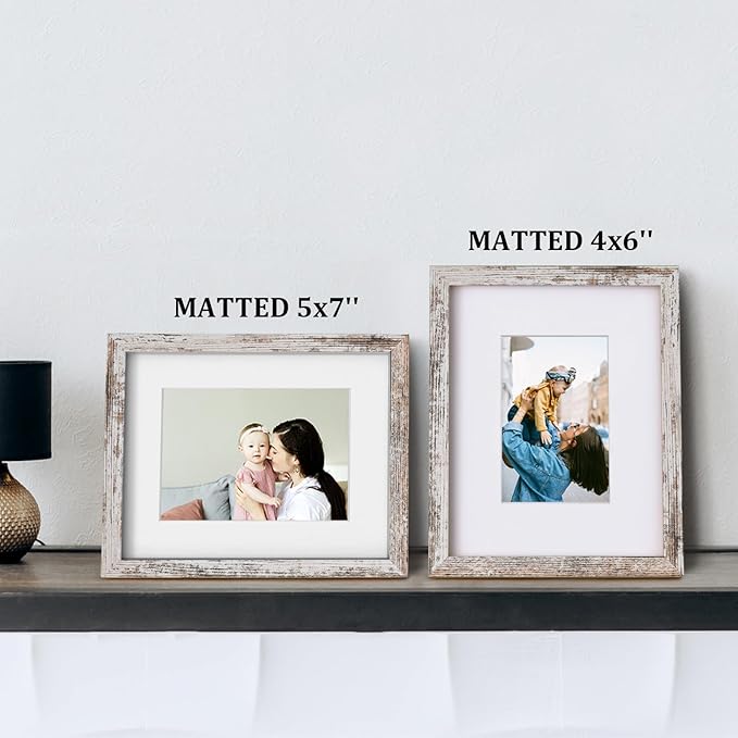 Egofine 8x10 Picture Frame Made of Solid Wood Covered by Plexiglass, Display Pictures 4x6/5x7 with Mat or 8x10 Without Mat for Table Top Display and Wall Mounting Photo Frame, Rustic White