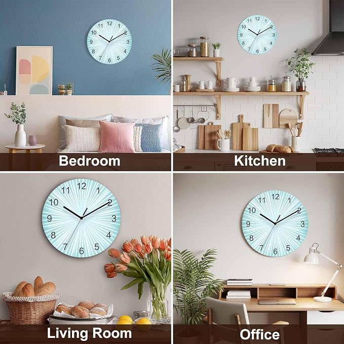 Abstract Wall Clock Battery Operated Non-Ticking 12" Round Wood Clocks, Sunburst Rays Light Blue Kitchen Wall Clock for School Bathroom Living Room Home Office Wall Decor