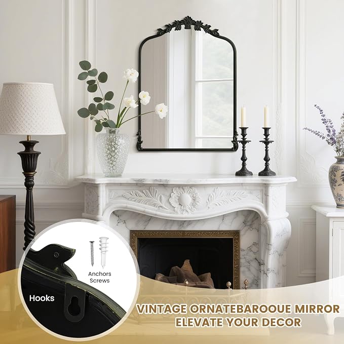WallBeyond Black Antique Mirror for Vanity 24x32 Inch, Black Vintage Mirror with Ornate Frame, Arched Vintage Wall for Bathroom, Living Room, Fireplace