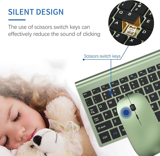 Wireless Keyboard and Mouse Ultra Slim Combo, TopMate 2.4G Silent Compact USB 2400DPI Mouse and Scissor Switch Keyboard Set with Cover, Batteries Included, for PC/Laptop/Windows/Mac - Green Black