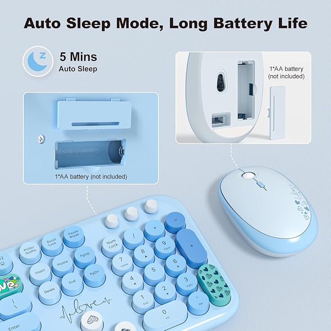 Wireless Keyboard and Mouse Combo, MOWUX Full Size Typewriter Retro Round Computer Keyboard, Cute Optical Mouse Wireless, Plug and Play, for Laptop, PC, Computer - Blue Heart