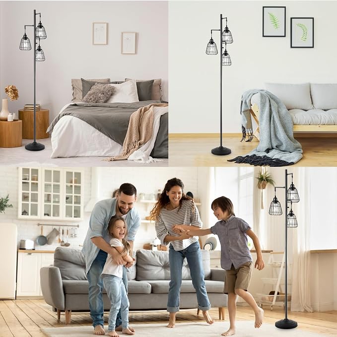 9MMML 68” Living Room Floor Lamp, Industrial Farmhouse 3 Teardrop Cage Standing Lamp,Black Tall Floor Lamp for Bedroom Office, 3 LED Edison Bulbs Included