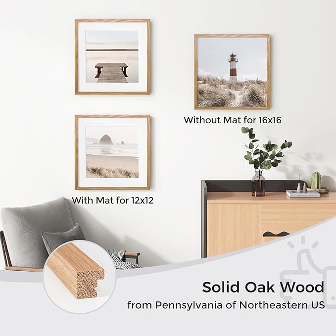 Axeman 16x16 Picture Frame with Mat for 12x12, Solid Oak Wood Square Picture Frame with Tempered Glass, Wooden Square Photo Frame 16''x16'' for Art Photo and Prints, Set of 2, Natural