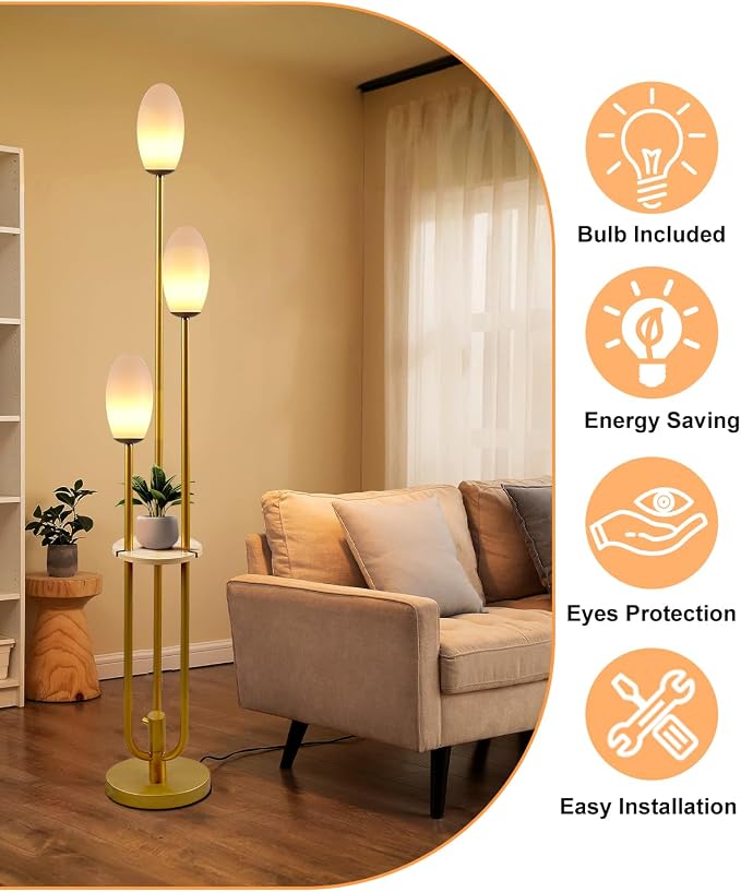 Lightdot Gold Floor Lamp Dimmable with Table, Tall Standing Lamps with 3-Oval LED Warm White Bulbs Included, Mid Century Modern Floor Lamp with 5Lbs Heavy Base for Living Room/Sofa Beside/Corner Decor