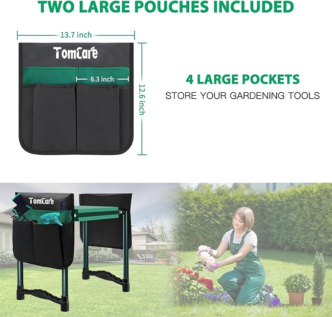 TomCare Garden Kneeler and Seat 10.64” Wider Larger Soft Kneeling Pad Garden Bench with 2 Large Tool Pouches Heavy Duty Garden Stool Foldable Tools Gardening Gifts for Women Men Gardeners
