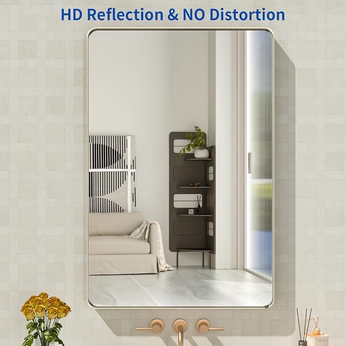WEER 24X36 Inch Brushed Nickel Bathroom Mirror, Brushed Silver Metal Frame Mirror, Rounded Rectangle Silver Bathroom Vanity Mirror, Tempered Glass, Anti-Rust, Hangs Horizontally or Vertically