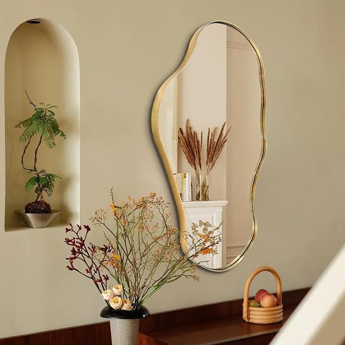 Irregular Wall Mirror, 30"x20" Asymmetrical Decorative Accent Mirror with Black Metal Frame, Organic Shape Mirrors for Entryway Bedroom Living Room, Horizontal or Vertical Hanging