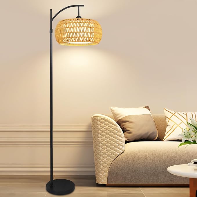 Arc Floor Lamps for Living Room Rattan Boho Floor Lamp with Remote Control,Dimmable LED Floor Lamp Wicker Lamp Shades Black Standing Lamp with 3 Color Temperature Tall Floor Lamps For Bedroom Corner