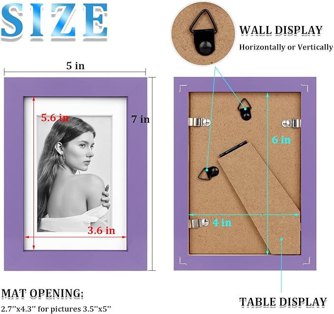 Egofine 4x6 Picture Frame Made of Solid Wood, Covered by Plexiglass Display Pictures 3.5x5 with Mat or 4x6 Without Mat for Table Top Display and Wall Mounting Photo Frame, Purple