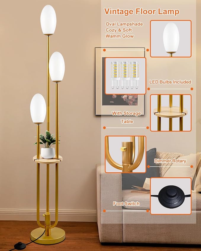 Lightdot Gold Floor Lamp Dimmable with Table, Tall Standing Lamps with 3-Oval LED Warm White Bulbs Included, Mid Century Modern Floor Lamp with 5Lbs Heavy Base for Living Room/Sofa Beside/Corner Decor
