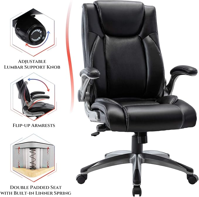 COLAMY Ergonomic Office Chair, High Back Leather Desk Chair with Adjustable Lumbar Knob, Thick Cushion Seat, Flip-up Armrests, Rocking Function, Computer Chair for Home Office, Black