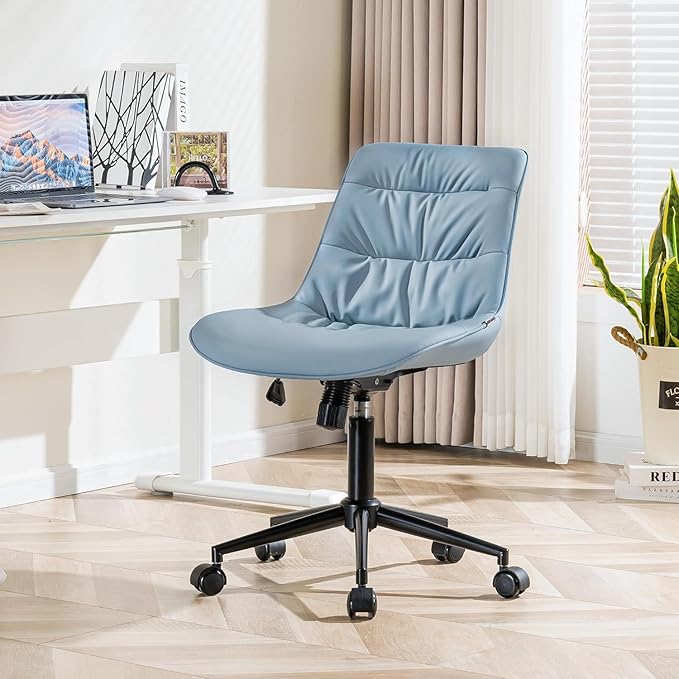 Kidol & Shellder Faux Leather Office Chair, Adjustable Swivel Height Task Chair, Rolling Wheels & Soft Backrest - Armless Ergonomic Desk Chair for Home, Office,Vanity,Gaming（Blue）