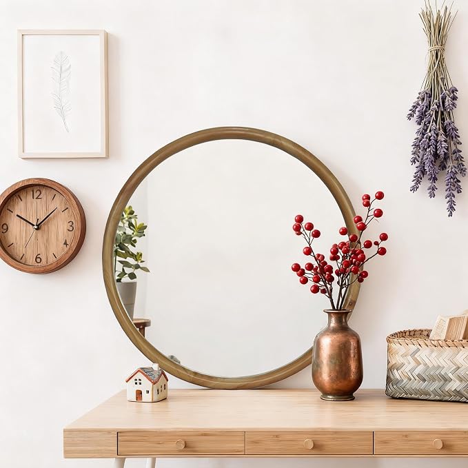 Round Wall Mirror with Natural Wood Frame, 35.43 in Diameter, Mid-Century Modern Decorative Mirror for Bathroom, Bedroom, Entryway, Natural Wood