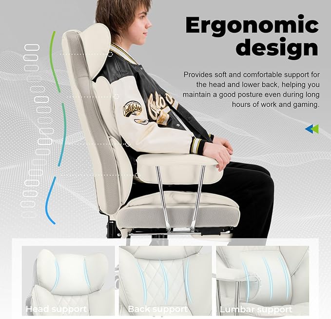 COMHOMA Big and Tall Office Chair, High Back Leather Gaming Chair with Footrest, Executive Ergonomic Office Chairs with Pocket Spring Lumbar Support and with Outward Fixed Soft Armrests