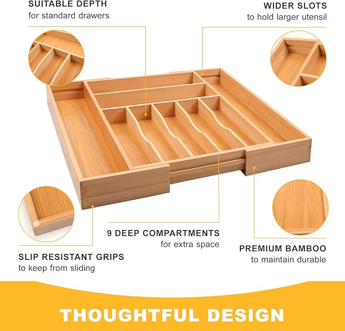 Large Premium Bamboo Silverware Organizer