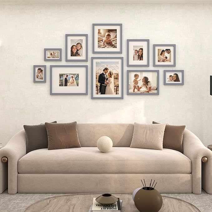 Egofine 8x10 Picture Frame Made of Solid Wood, Covered by Plexiglass for Pictures 4x6 or 5x7 with Mat or 8x10 Without Mat, Table Top Display and Wall Display Photo Frame, Dark Gray