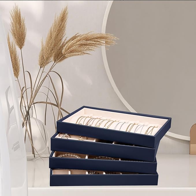 LANDICI Stackable Jewelry Organizer Trays 4 Set, PU Leather Jewelry Organizer
