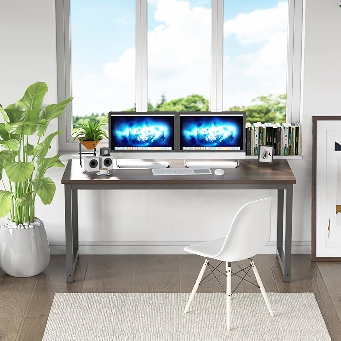 NSdirect Large Office Desk for Home Office, Large 63” Computer Desk Table, Wide Writing Study Desk for 2 Person, Metal Sturdy Frame Thicker Steel Legs, Black Chocolate