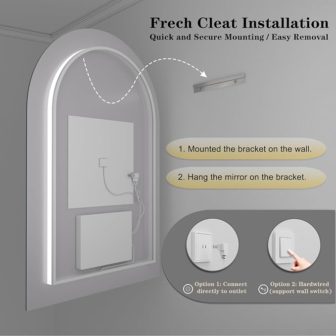 Backlit Arched LED Bathroom Mirror 24x36 Inch, Dimmable LED Vanity Mirror with Lights, Anti-Fog, 3 Colors, Memory, ETL Listed