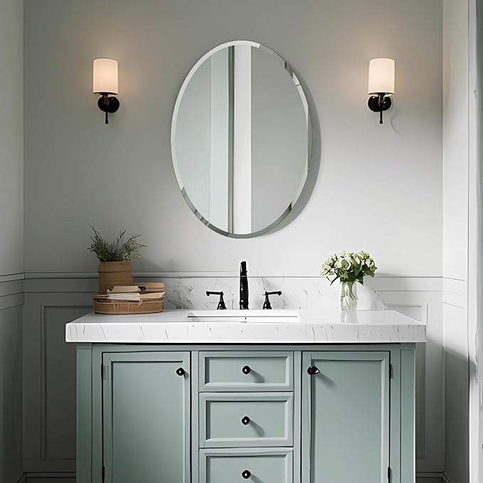 Oval Mirror Frameless Bathroom Mirror for Over Sink, Beveled Polished Wall Mirror for Bathroom, Bedroom, Vanity and Entryway 16" x 24"