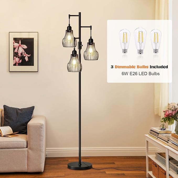 Ziisee Dimmable Floor Lamp, 3 x 800LM LED Edison Bulbs Included, Farmhouse Industrial Floor Lamp Standing Tree Lamp with Elegant Cage Tall Lamps for Living Room Bedroom Office - Black