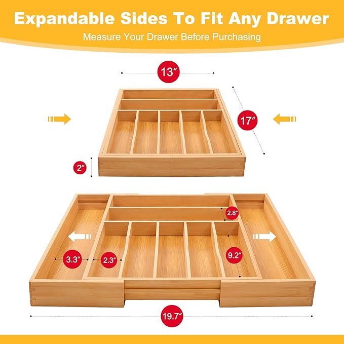Large Premium Bamboo Silverware Organizer