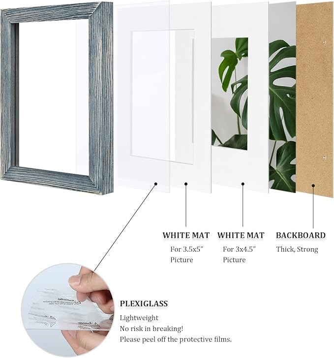 Egofine 4x6 Picture Frame Made of Solid Wood, Covered by Plexiglass Display Pictures 3.5x5 with Mat or 4x6 Without Mat for Table Top Display and Wall Mounting Photo Frame, Rustic Blue