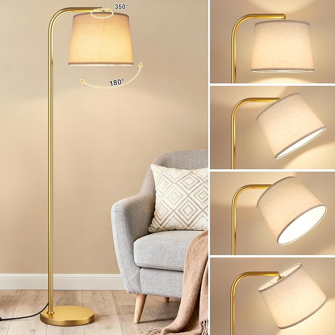 Ambimall Remote-Controlled Floor Lamp - Color Temperature Adjustable and Fully Dimmable, Standing Lamp for Living Room with Rotating Head, Tall Lamp for Bedroom, 9W Bulb Included (Gold and Beige)