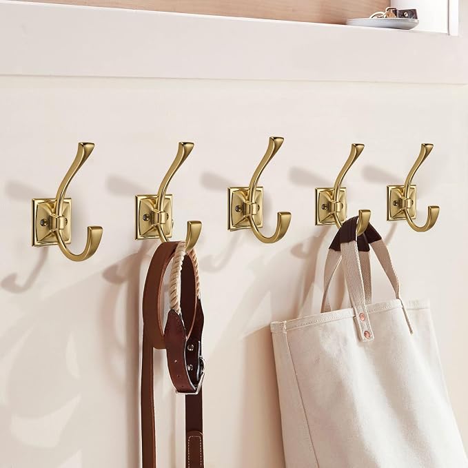 Large Wall Hooks 10 Pack Champagne Brozne Coat Hooks Hardware Towel Hooks for Hanging Coats 4.35 Inch Double Robe Hooks Wall Mounted with Screws for Key, Towel, Bags, Cup, Hat