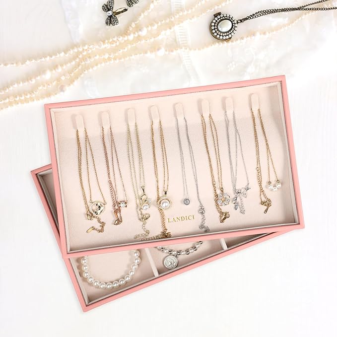 LANDICI Stackable Jewelry Organizer Trays 4 Set, PU Leather Jewelry Organizer
