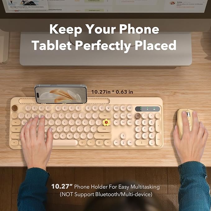 Wireless Keyboard and Mouse Combo, Retro Round Keycaps, Cute Full-Size Typewriter Keyboard with Phone Holder, Sleep Mode, 2.4GHz Cordless Connection for Windows/PC/Laptop (Milk-Tea Colorful)