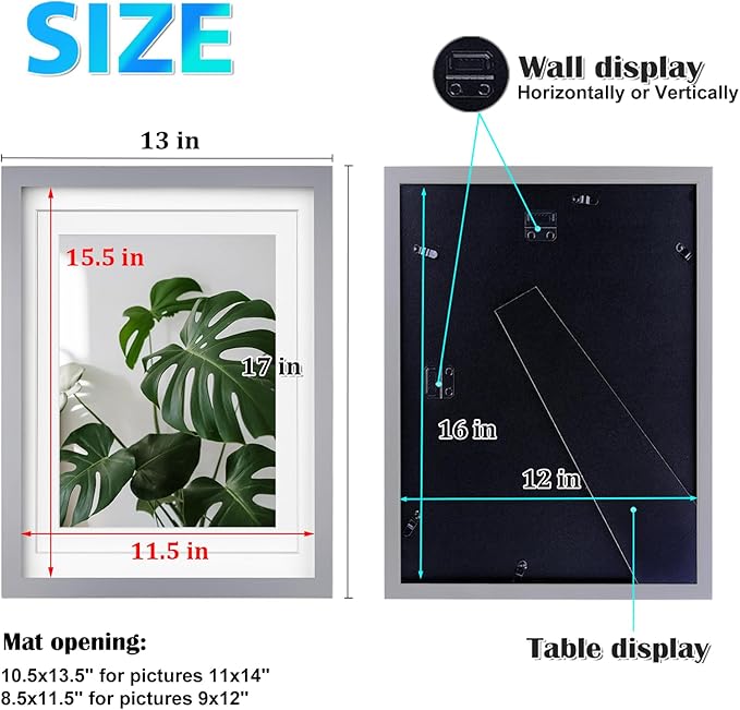 Egofine 12x16 Picture Frame Made of Solid Wood with Plexiglass, Display Pictures 9x12/11x14 with Mat or 12x16 Without Mat, for Wall Mounting Photo Frame, Light Grey