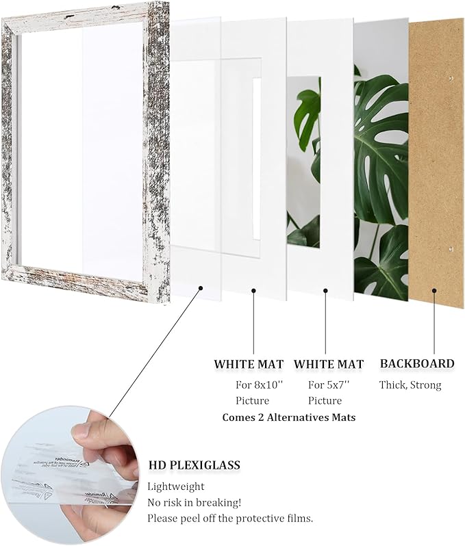 Egofine 11x14 Picture Frame Rustic White - Photo Frame Made of Solid Wood Covered by Plexiglass for Table Top Display Pictures 5x7/8x10 with Mat or 11x14 Without Mat - with Wall Mounting Hardware