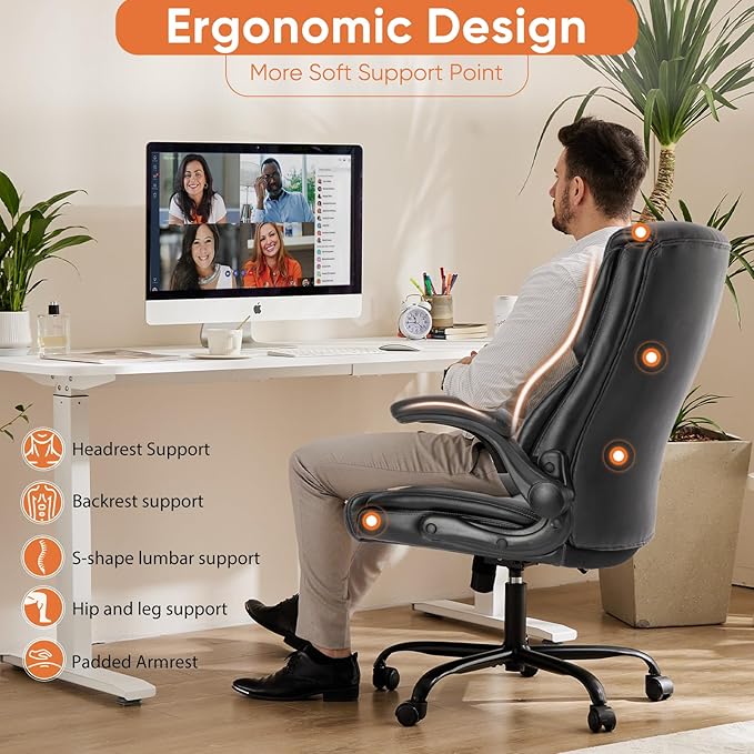 Sweetcrispy Ergonomic Computer Gaming Office Chair, Heavy Duty Task Desk Swivel Rolling Chairs with Wheels, Flip-up Arms, Adjustable Height, PU Leather, Black