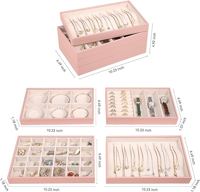 LANDICI Stackable Jewelry Organizer Trays 4 Set, PU Leather Jewelry Organizer