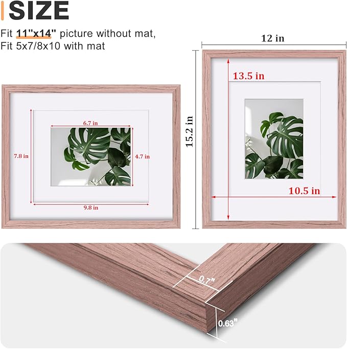 Egofine 11x14 Picture Frame Made of Solid Wood Covered by Plexiglass, Display Pictures 5x7/8x10 with Mat or 11x14 Without Mat for Table Top Display and Wall Mounting Photo Frame, Peach Pink