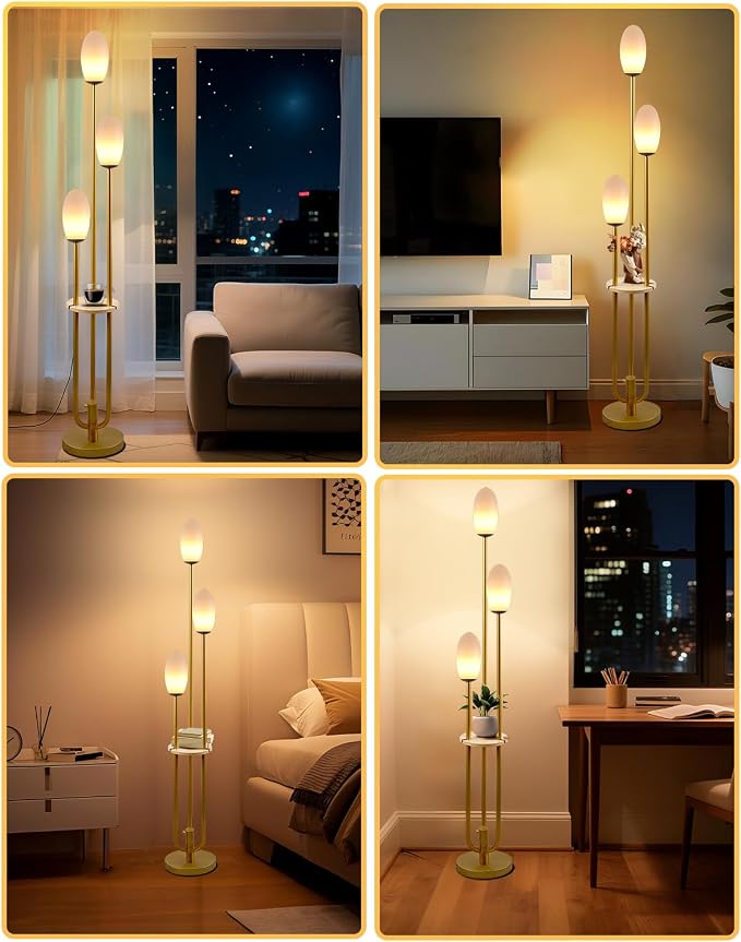 Lightdot Gold Floor Lamp Dimmable with Table, Tall Standing Lamps with 3-Oval LED Warm White Bulbs Included, Mid Century Modern Floor Lamp with 5Lbs Heavy Base for Living Room/Sofa Beside/Corner Decor