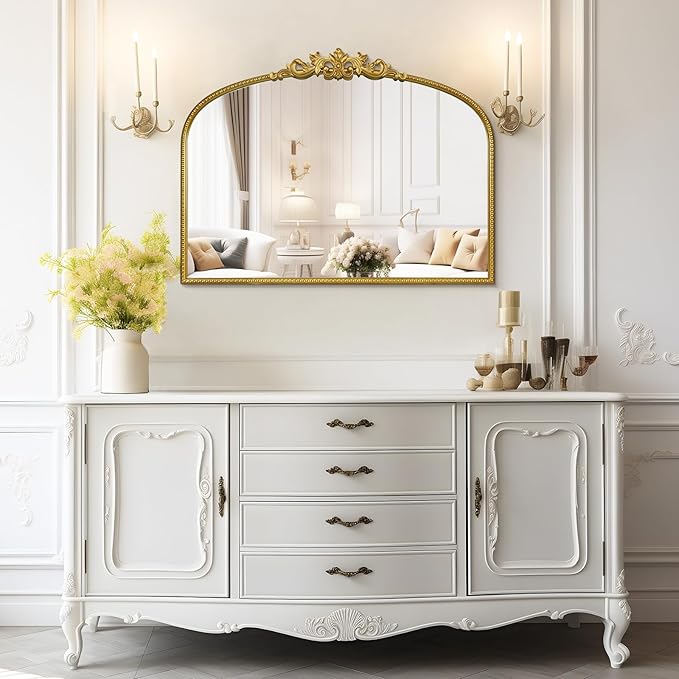 WallBeyond Gold Vintage Mirror for Vanity 32x24 Inch, Gold Antique Mirror with Ornate Frame, Arched Vintage Wall for Bathroom, Living Room, Fireplace, Entryway