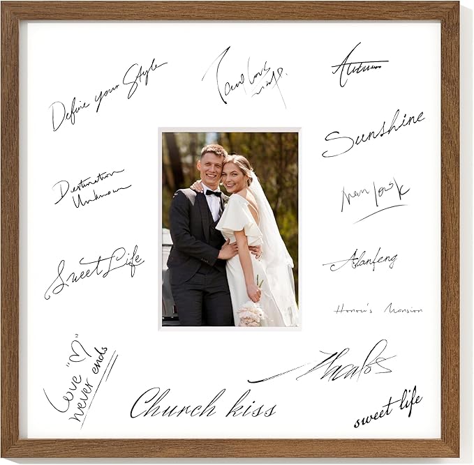 Axeman 14x14 Signature Picture Frame - Solid Oak Wood 14x14 Picture Frame With Mat to 5x7, Graduation Wedding Birthday Guest Book Party Signing, Hanging Hardware Included, Walnut