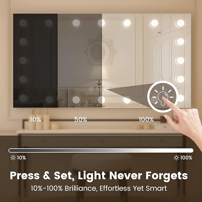 WTTY 72"x36" Hollywood Vanity Mirror with Lights, Wall-Mounted Makeup Mirror with 3 Color Temperatures, Stepless Dimmable Bulbs, Anti-Fog & Shatter-Proof