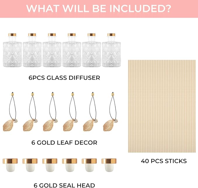 Glass Reed Diffusers Bottles for Home, Diffuser Bottles with 40PCS Reed Diffuser Sticks, Vintage Embossed Apothecary Style Flower Bud Vases with Cork Lids, Set of 6
