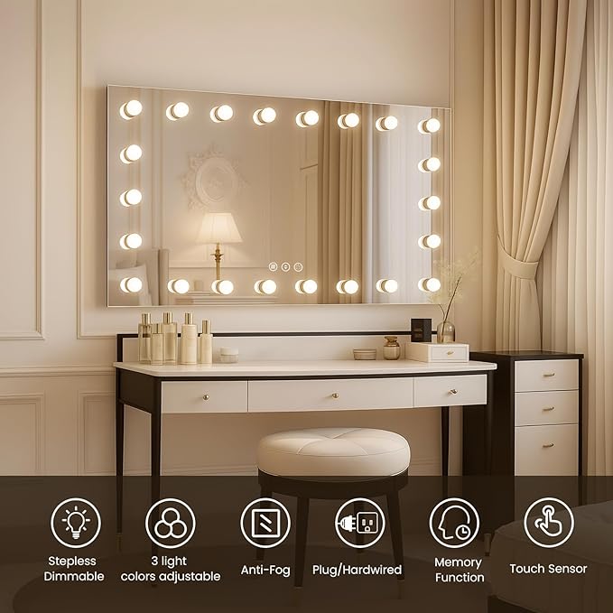WTTY 72"x36" Hollywood Vanity Mirror with Lights, Wall-Mounted Makeup Mirror with 3 Color Temperatures, Stepless Dimmable Bulbs, Anti-Fog & Shatter-Proof
