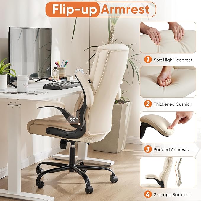Sweetcrispy Computer Gaming Chair, Ergonomic High Back Heavy Duty Task Desk Office Chairs with Wheels, Flip-up Arms, Adjustable Height, PU Leather, Cream