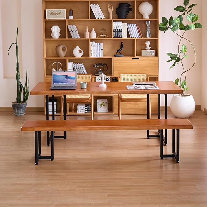 Durable Solid Wood Top Bench with Metal Triangular Legs – Stylish Long Dining Bench for Home, Office, Restaurant & Patio (Wooden Brown Bench, 55.12in)