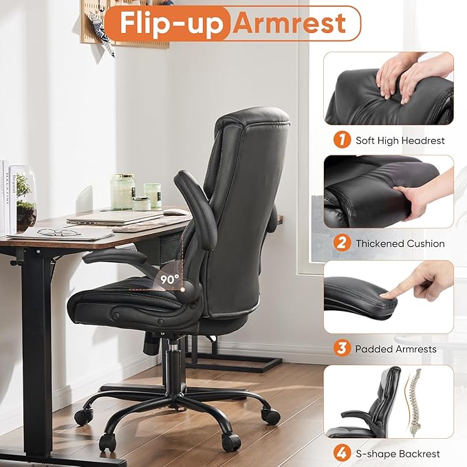 Sweetcrispy Ergonomic Computer Gaming Office Chair, Heavy Duty Task Desk Swivel Rolling Chairs with Wheels, Flip-up Arms, Adjustable Height, PU Leather, Black
