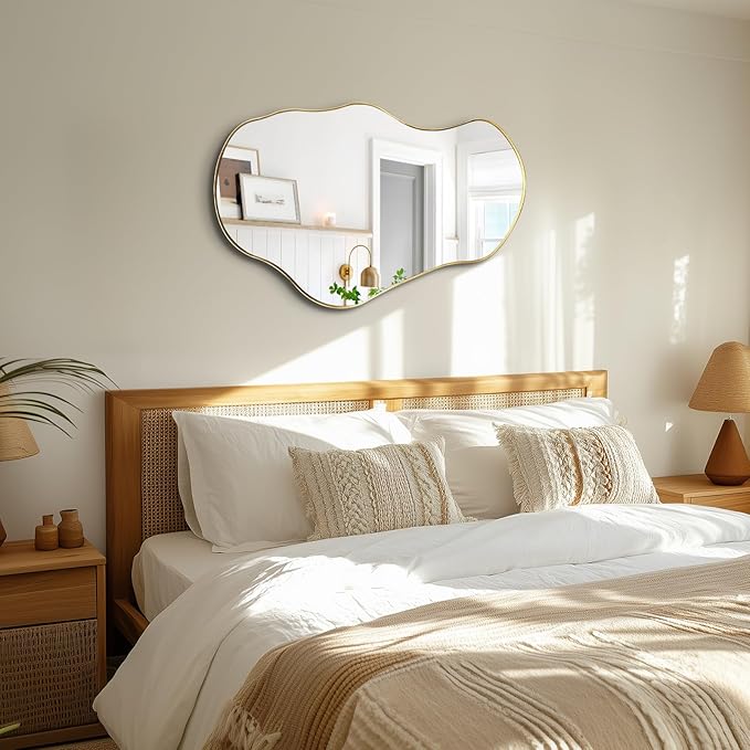 Irregular Wall Mirror, 30"x20" Asymmetrical Decorative Accent Mirror with Black Metal Frame, Organic Shape Mirrors for Entryway Bedroom Living Room, Horizontal or Vertical Hanging
